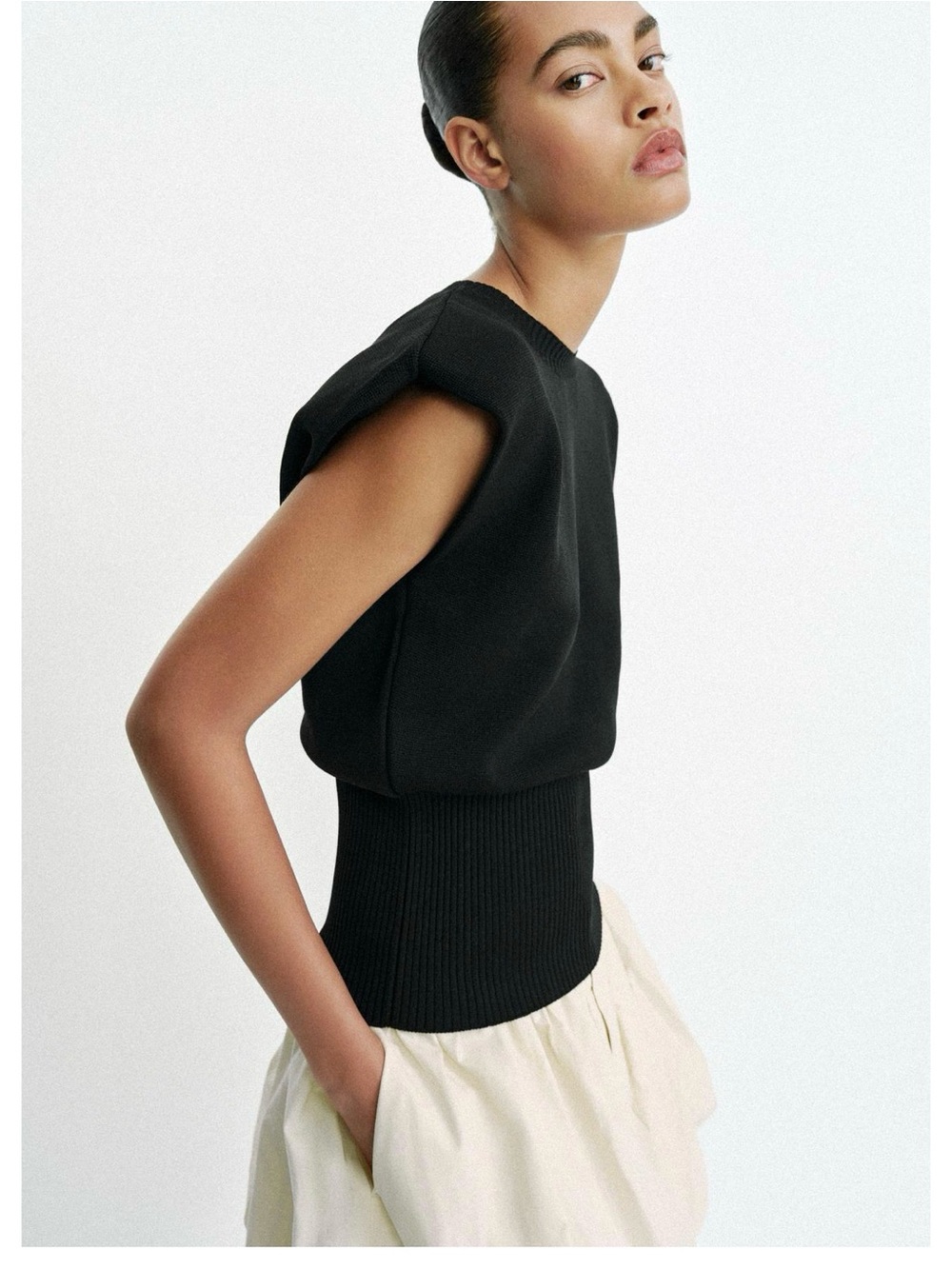 Zara Black Shoulder Pad  Ribbed-Waist Knit Top - Picture 2 of 8